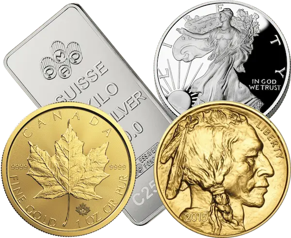 Various images of bullion bars and coins